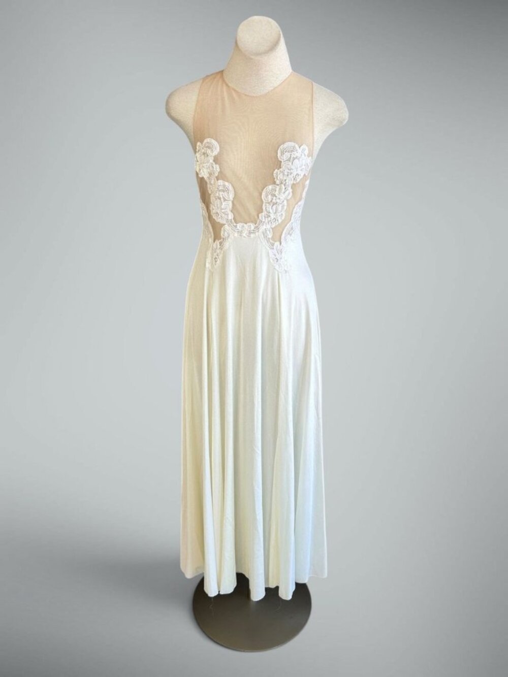 Formfit Rogers 70s White Lace Flesh Mesh Floral Illusion Nightgown Wedding  M